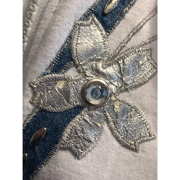 White Top Blue Jean Leaves Silver Flowers Embellished Half Zipper Size XXL - Picture 4 of 7